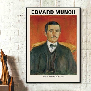 Puede incluir: Una pintura de Edvard Munch titulada "Retrato de Herbert Esche" de 1905. La pintura representa a un hombre con bigote que lleva un traje oscuro y una corbata de lazo. Está sentado en una silla sobre un fondo rojo.