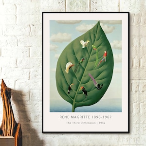 May include: A green leaf with a white background. The leaf has several birds on it, including a toucan, a parrot, and a cockatoo. The text "RENE MAGRITTE 1898-1967 The Third Dimension | 1942" is at the bottom of the image.