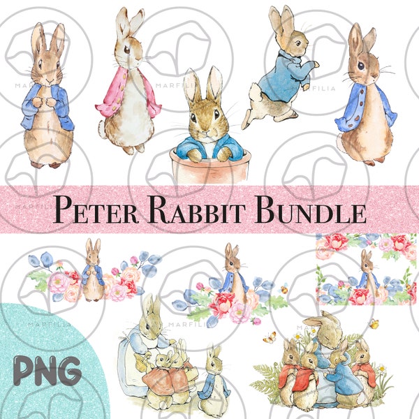 Peter Rabbit Clipart PNG, Beatrix Potter, Png Bundle, Descarga instantánea, Clipart, Uso comercial, baby shower, Decoración infantil