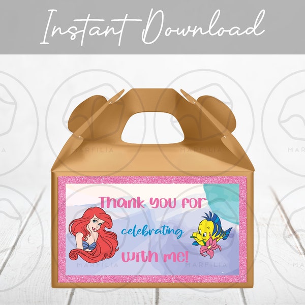 The Little Mermaid Ariel Gable Gift Box Label, Birthday Treat Box Label, Party, Digital Download, Printable, Instant Download