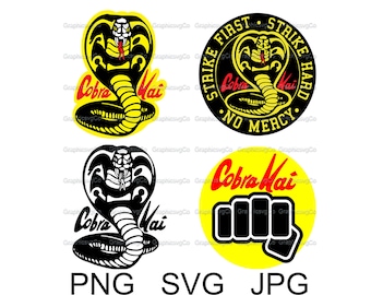 May include: Four different designs of the Cobra Kai logo. The first design is a yellow circle with a black cobra and the text "Cobra Kai" in red. The second design is a black circle with a yellow cobra and the text "Strike First Strike Hard No Mercy" in white. The third design is a black cobra on a white background. The fourth design is a yellow circle with a black fist and the text "Cobra Kai" in red.