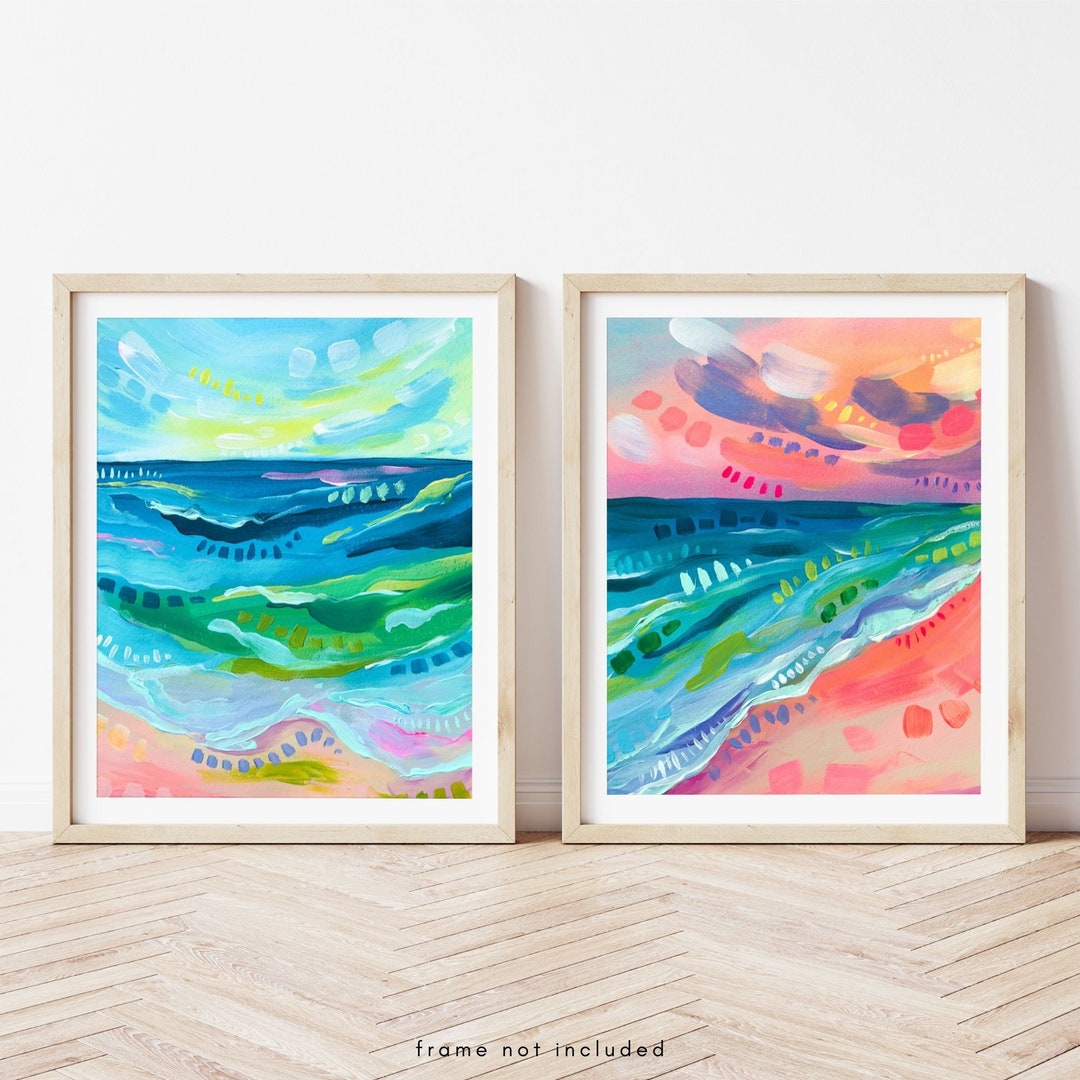 Tidal Print Set, Colorful Beach Abstract Wall Art, Pink Beach Sunset