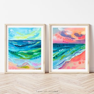 Tidal Print Set, Colorful Beach Abstract Wall Art, Pink Beach Sunset Painting, Abstract Seascape Diptych, Maximalist Coastal Decor