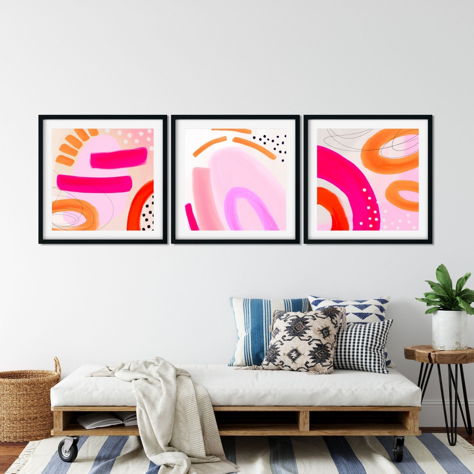 Bright Abstract Pink Orange Paintings Gallery Wall Set of 3 Etsy