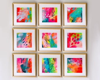 Neon Print Set, Hot Pink Teal Abstract Gallery Wall Set of 9 Prints, Neon Yellow Pink Abstract Giclee Fine Art Prints, Vibrant Pink Orange