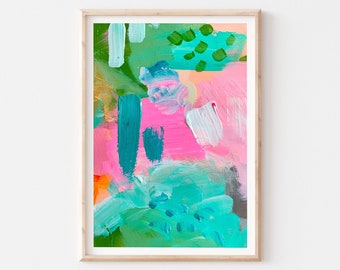 Aqua Print - Bright Teal Pink Abstract Painting, Hot Pink Green Maximalist Wall Art, Abstract Beach Decor, Aqua Blue Giclee Fine Art Print