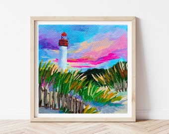 New Jersey Print - Cape May Lighthouse Wall Art, Coastal Landscape Painting, Colorful Beach Decor, Jersey Shore Gift, Fine Art Giclee Print