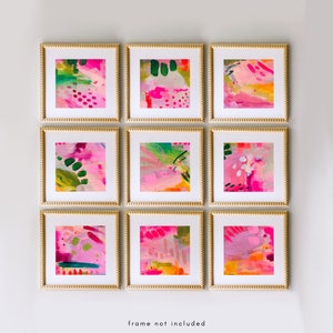 Blush Print Set, Bright Pink Green Abstract Gallery Wall Set of 9 Prints, Hot Pink Forest Green Abstract, Vibrant Pink Orange Giclee Prints