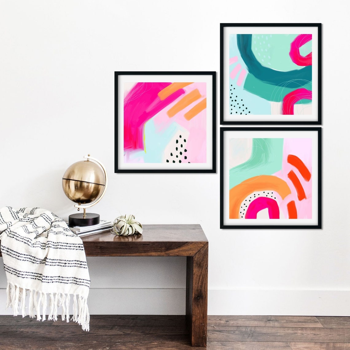 Bright Teal Pink Abstract Gallery Wall Set of 3 Prints Etsy