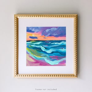 Violet Sands Print, Pink Beach Sunset Painting, Colorful Ocean Waves Wall Art, Abstract Seascape Paintings, Girly Surf Decor