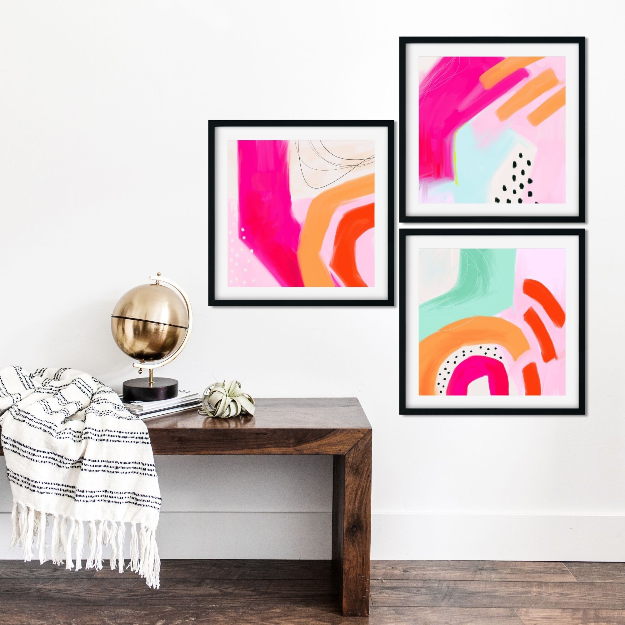 Bright Abstract Pink Orange Paintings Gallery Wall Set of 3 Etsy