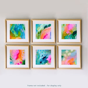 Waves Print Set, Bright Teal Pink Abstract Gallery Wall Set of 6 Prints, Blue Green Abstract Ocean Giclee Fine Art Prints