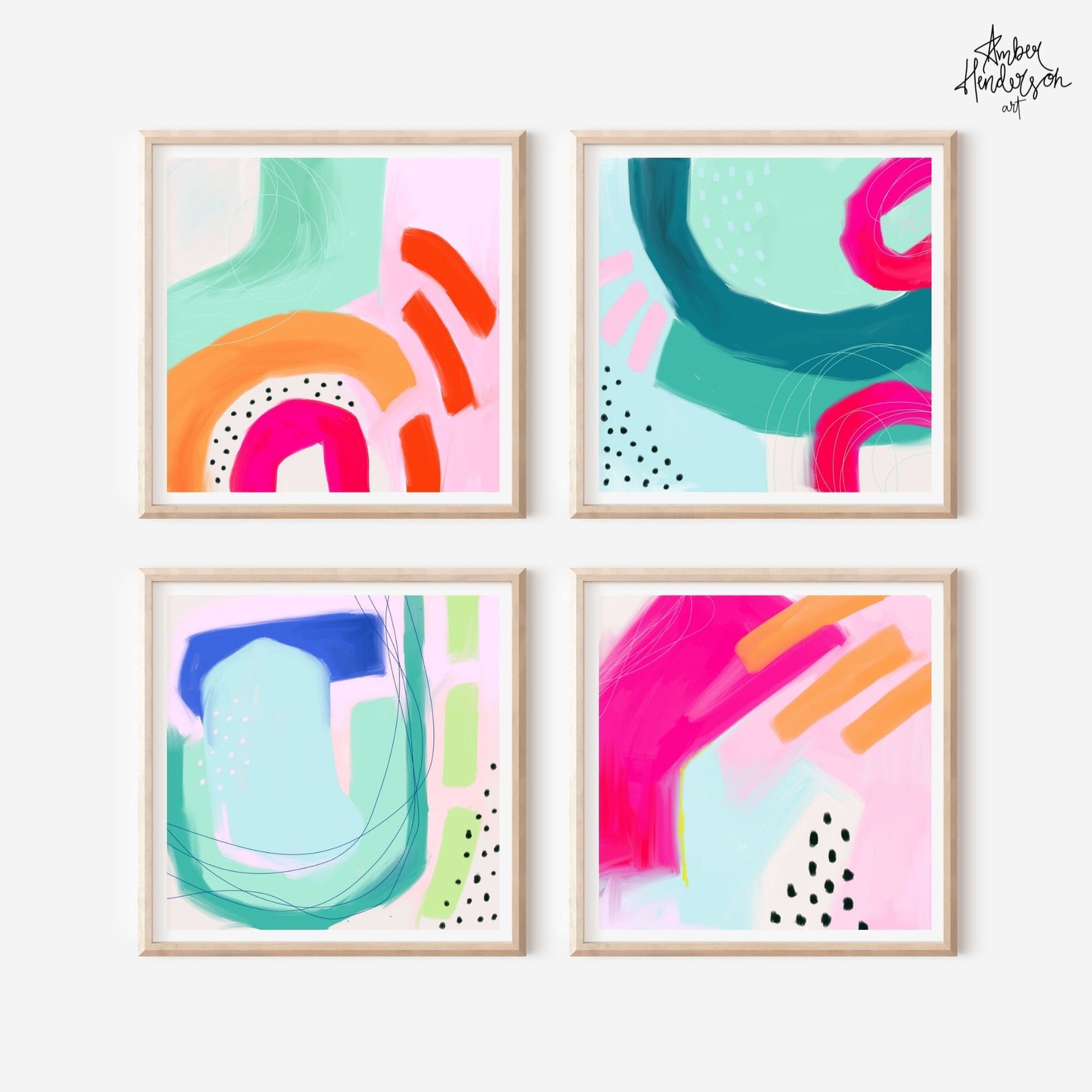 Bright Teal Pink Abstract Gallery Wall Set of 4 Prints Etsy