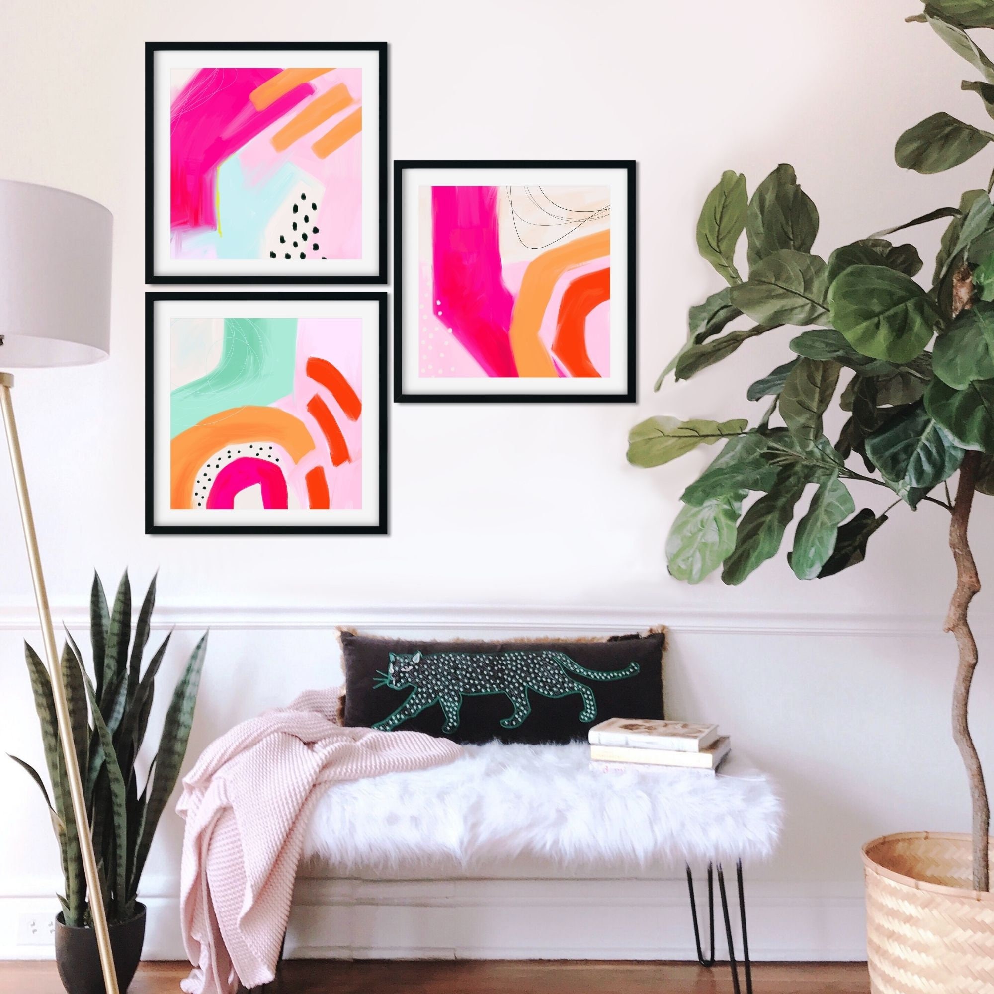 Bright Abstract Pink Orange Paintings Gallery Wall Set of 3 Etsy