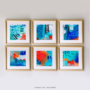 Cobalt Print Set, Bright Blue Orange Abstract Gallery Wall Set of 6 Prints, Bright Teal Vivid Orange Abstract Wall Art, Neon Orange Blue Art