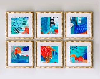 Cobalt Print Set, Bright Blue Orange Abstract Gallery Wall Set of 6 Prints, Bright Teal Vivid Orange Abstract Wall Art, Neon Orange Blue Art
