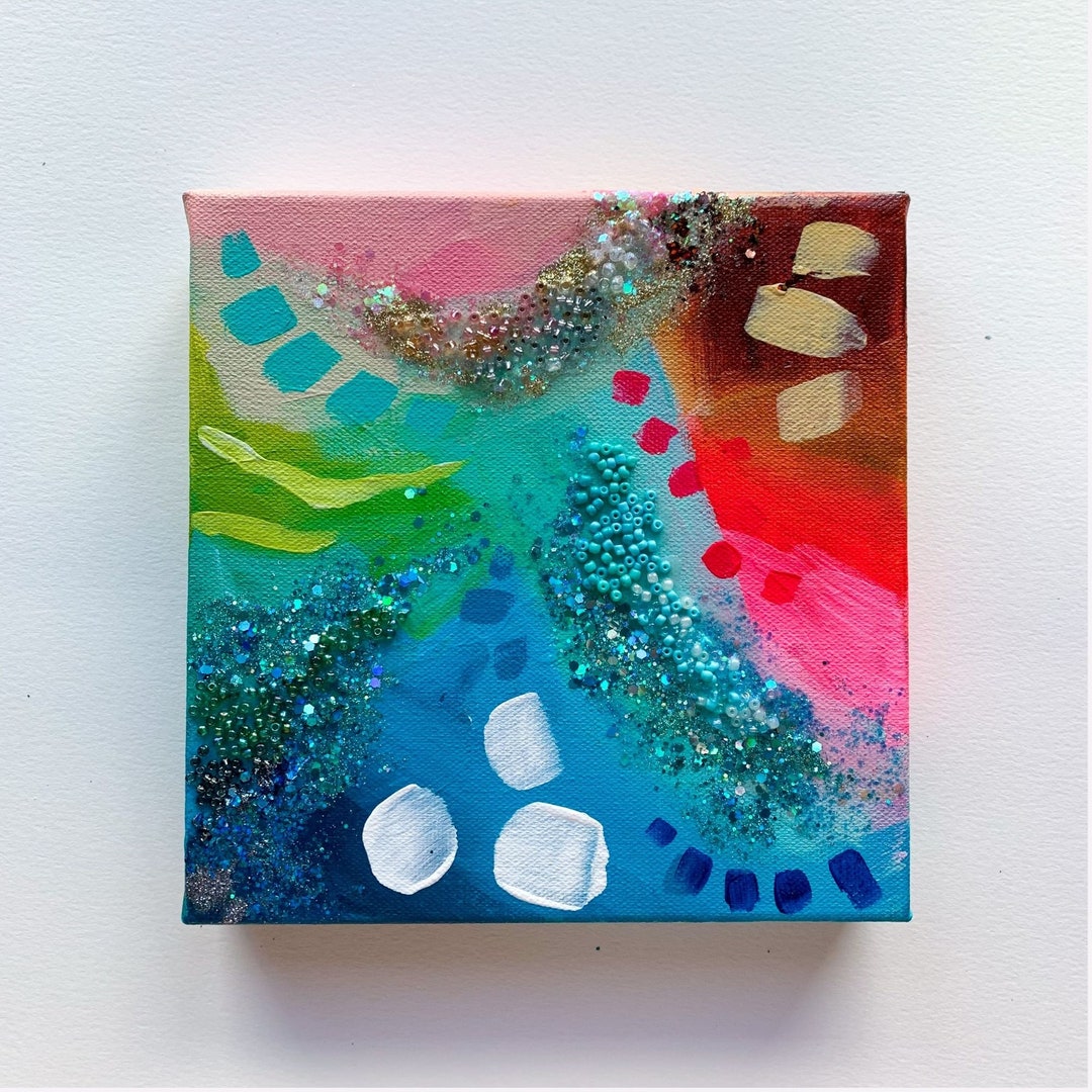 Island Time Original Acrylic and Glass Bead Painting, 8x8 Inches on