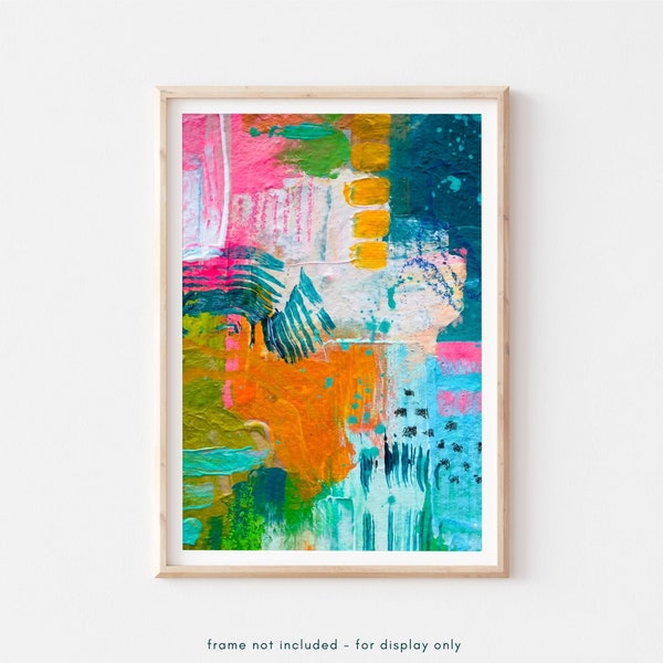Teal Swirls Print - Bright Teal Orange Abstract Art Print, Vibrant Painting, Pink Blue Colorful Wall Art, Print of Original Acrylic Art