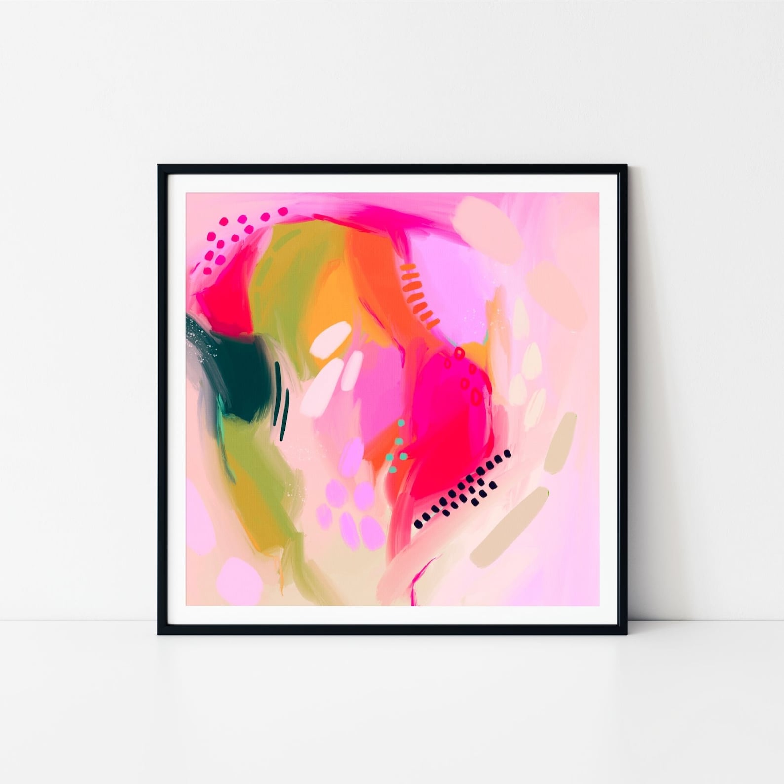 Bright Pink Green Abstract Wall Art Colorful Pink Orange Etsy