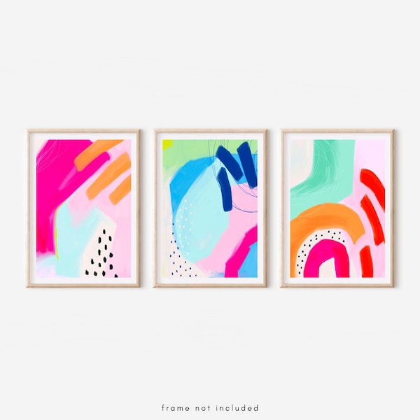 Cosmos Print Set, Bright Pink Blue Abstract Gallery Wall Set of 3 Prints, Bright Teal Pink Wall Art, Vibrant Pink Orange Abstract Paintings