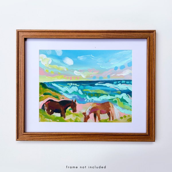 Ocracoke Ponies Print, Outer Banks North Carolina Coastal Decor, Abstract Seascape Wild Ponies Painting, Colorful Beach Decor