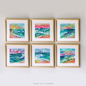 Mini Seascapes Print Set, Abstract Oceanscape Gallery Wall Set of 6 Prints, Hot Pink Coastal Abstract Prints, Ocean Blue Green Beach Decor