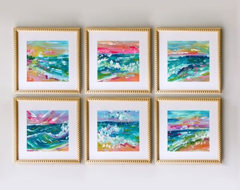 Mini Seascapes Print Set, Abstract Oceanscape Gallery Wall Set of 6 Prints, Hot Pink Coastal Abstract Prints, Ocean Blue Green Beach Decor