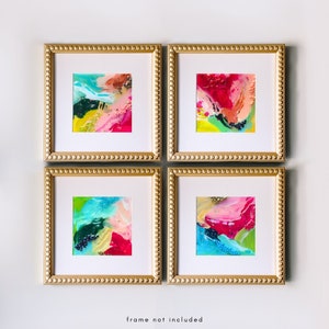 Magenta Print Set, Bright Pink Green Abstract Gallery Wall Set of 4 Prints, Aqua Blue Forest Green Abstract Giclee Fine Art Prints