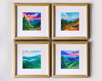 Blue Ridge Mountains Print Set, North Carolina Mountains Gallery Wall Set of 4 Prints, Colorful Landscape Painting, Mountain Sunset Wall Art