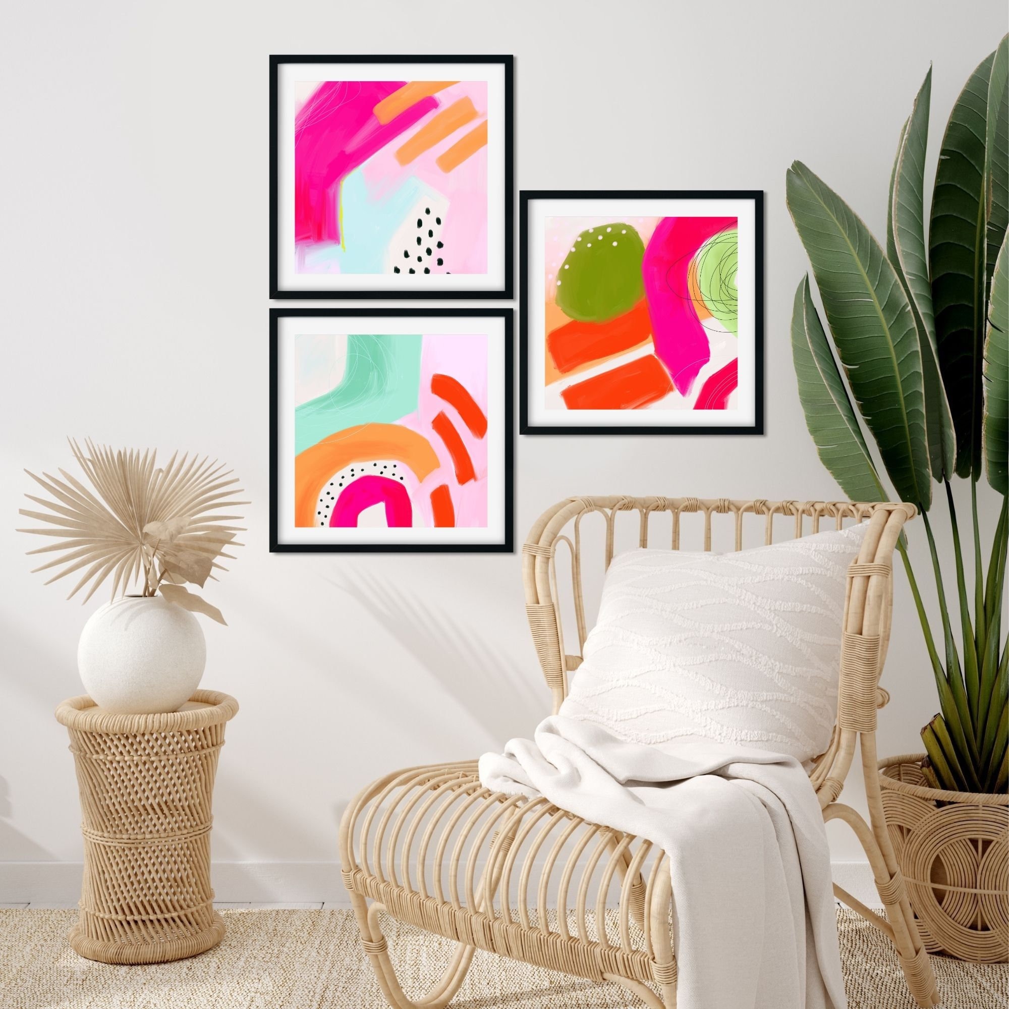 Bright Abstract Pink Orange Paintings Gallery Wall Set of 3 | Etsy