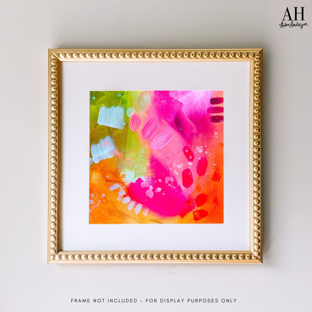 Peach Print Bright Pink Green Abstract Art Print, Vibrant Painting