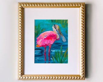 Pink Spoonbill Print, Florida Bird Wall Art, Roseate Spoonbill Tropical Wildlife Painting, Pink Bird Coastal Decor, Beach Home Art