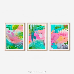 Aqua Print Set, Bright Teal Pink Abstract Gallery Wall Set of 3 Prints, Hot Pink Vibrant Green Maximalist Abstract Giclee Fine Art Prints
