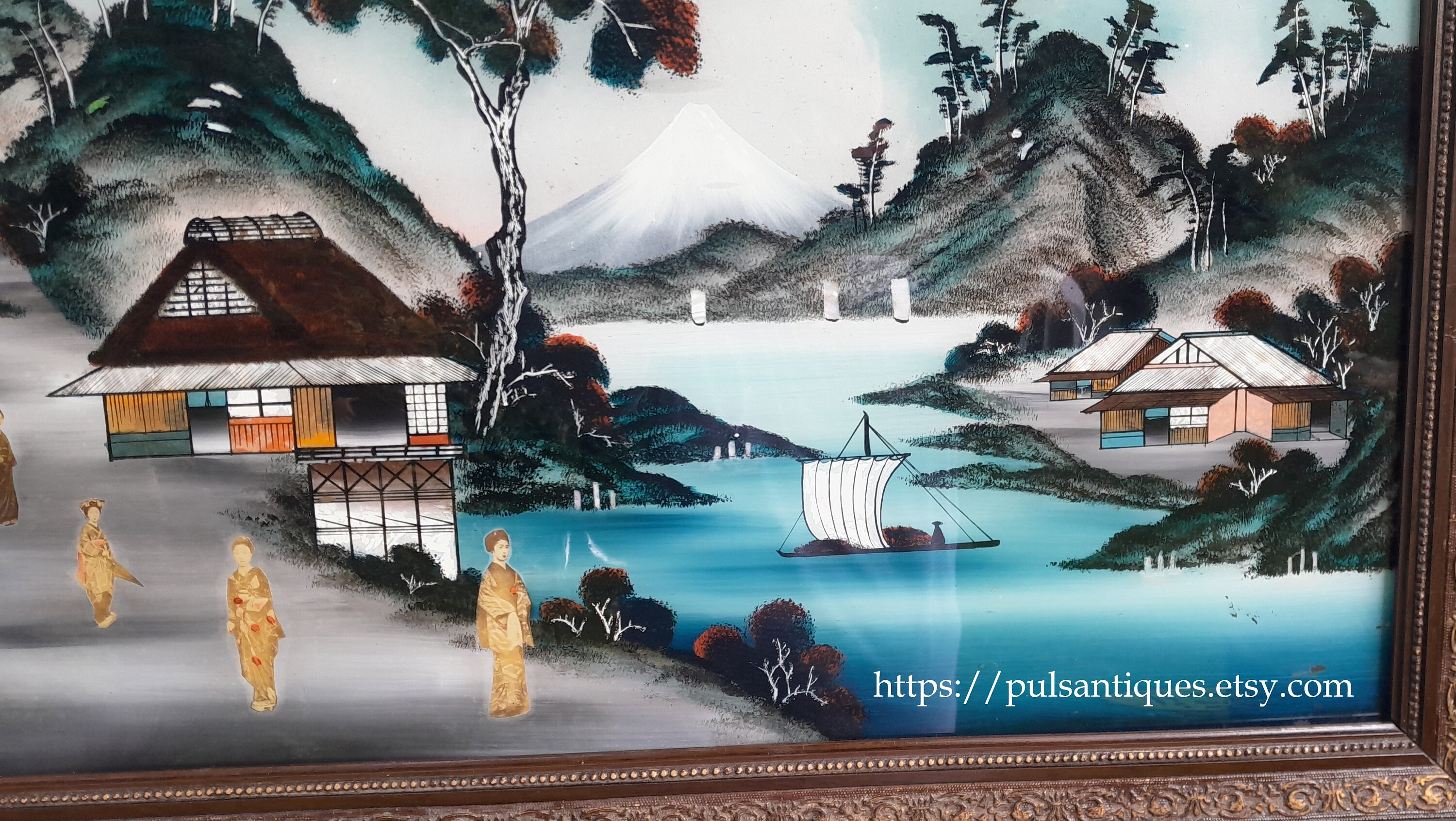 Antique Japanese Reverse Glass Painting | Hand-painted Back Glass