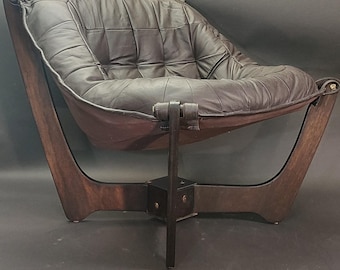 Sillón Odd Knutsen "Luna" / Sillón de cuero moderno noruego de mediados de siglo / Hjellegjerde / Diseño escandinavo / Década de 1970