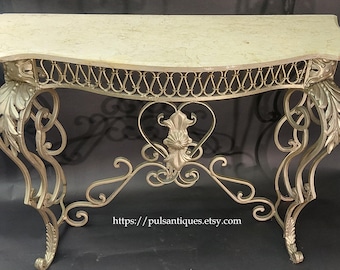 Consola vintage estilo Hollywood Regency / Consola de hierro forjado y mármol / Mesa de entrada neoclásica italiana / Mesa auxiliar de hierro para sofá / Años 70
