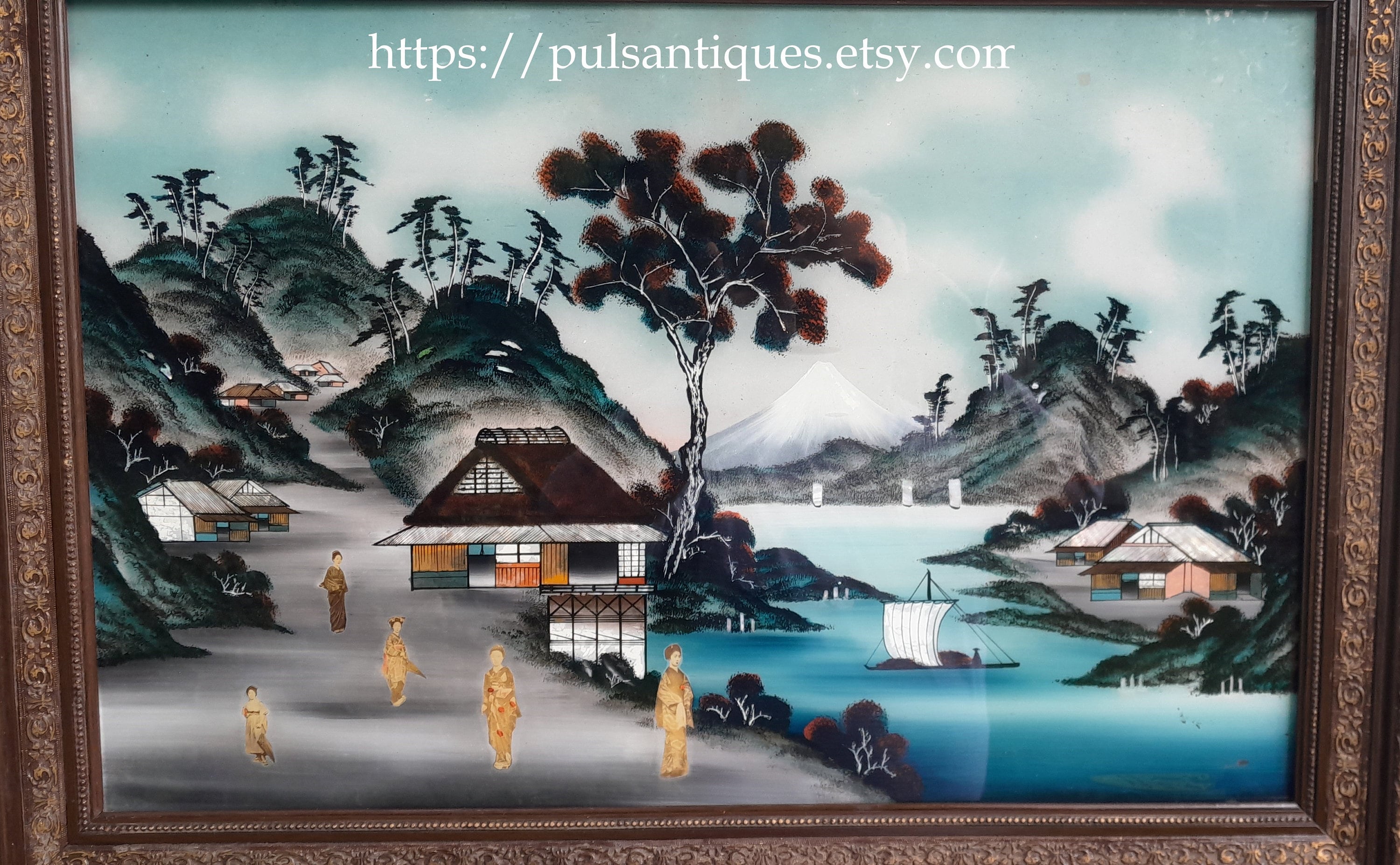 Antique Japanese Reverse Glass Painting | Hand-painted Back Glass