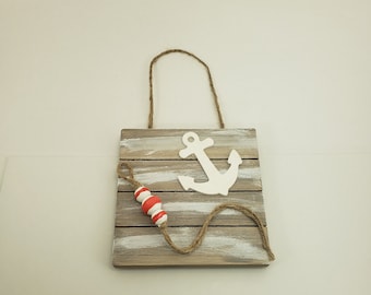 handcrafted buoy and anchor wall hanging, wooden beach theme craft, nautical wall hanging