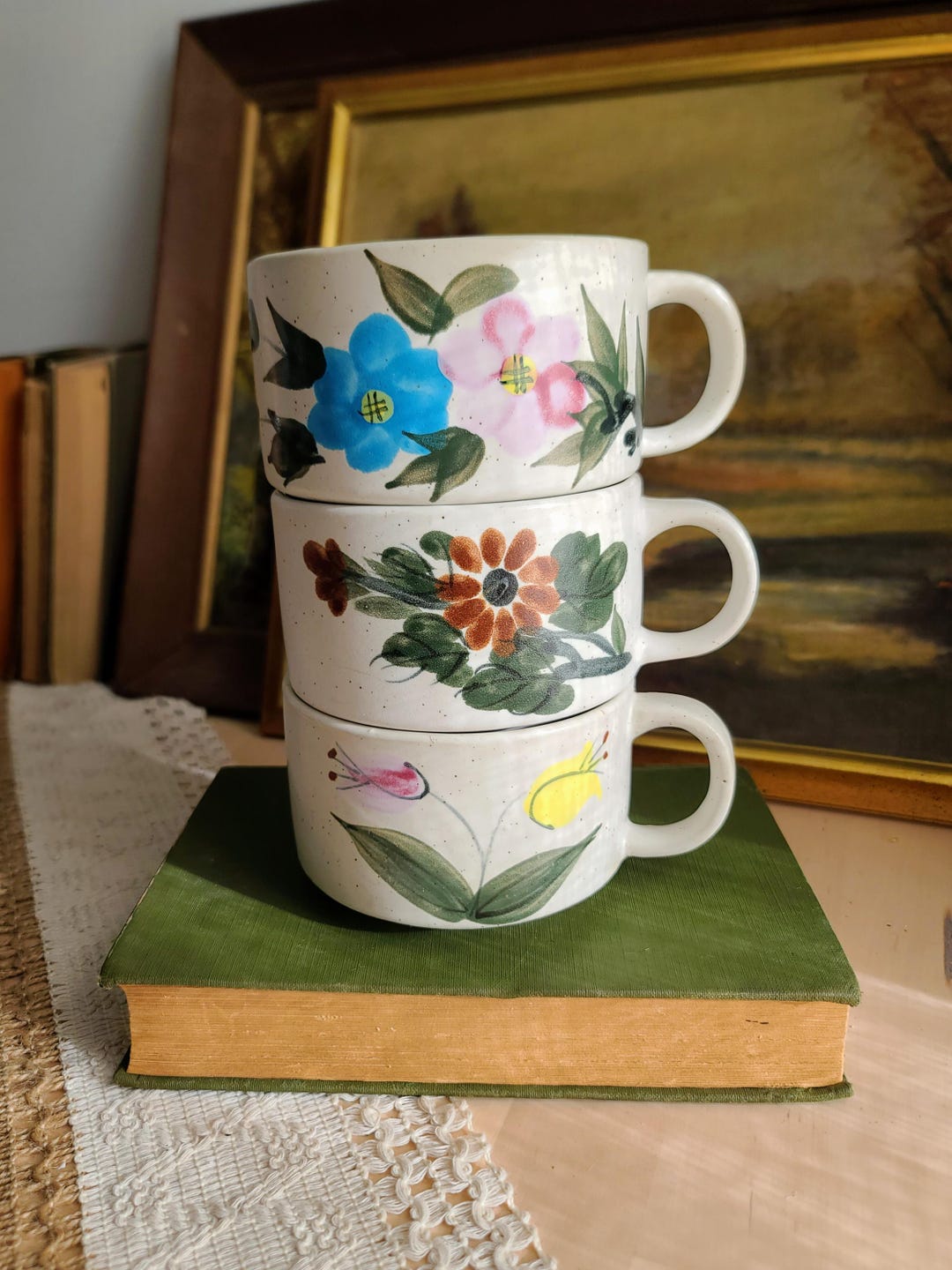 Stackable Floral Vintage Stoneware Mid-century Stacking Floral Mugs, Set of 3 - Etsy