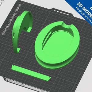 Könnte beinhalten: Ein grünes 3D-Modell mit einem Warnhinweis "3D MODEL ONLY, No physical item included." Das Modell besteht aus mehreren Teilen: einem gebogenen Teil, einem kreisförmigen Teil und einem rechteckigen Teil. Es liegt auf einem schwarzen Raster. Maße in cm.