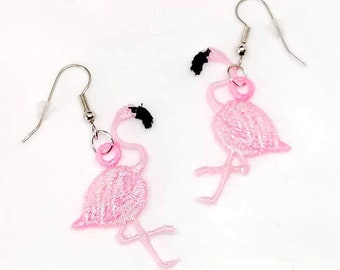 Pink Flamingo Earrings embroidered handmade for fun in the sun