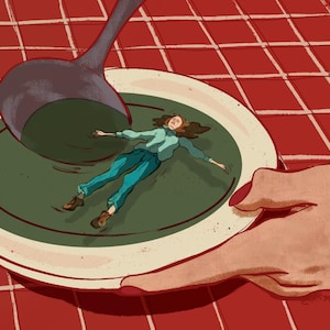 Może przedstawiać: Osoba leży w misce z zieloną zupą. Osoba ma na sobie niebieskie dżinsy i jasnoniebieską koszulę. Miska stoi na czerwono-białym obrusie w kratkę.