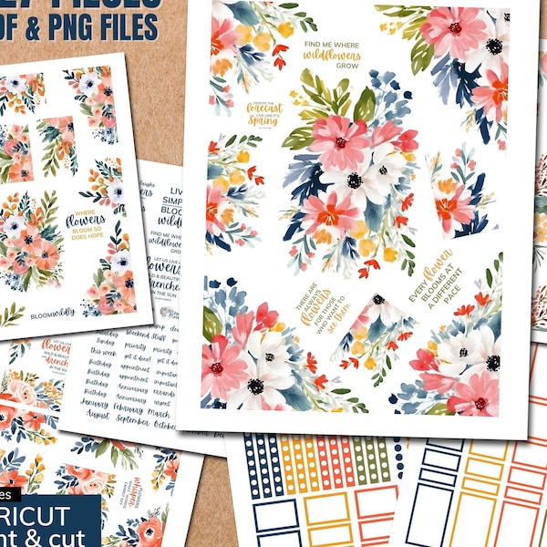 Florals druckbare Planer Aufkleber | Klassischer Happy Planner | Sofortiger Download PDF- und PNG-Dateien | Cricut Print und Schnitt bereit