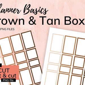 May include: Printable planner boxes in brown and tan colors. The boxes are in a grid pattern and are ready to be printed and cut using a Cricut machine. The text "Planner Basics Brown & Tan Boxes" is at the top of the image. The text "PDF & PNG FILES" is below the title. The text "includes CRICUT print & cut PNG file" is in the lower left corner of the image.