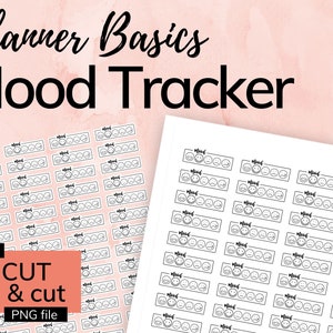 May include: A printable mood tracker with a series of black and white smiley faces. The text "Planner Basics Mood Tracker" is at the top of the image. The text "includes Cricut print & cut PNG file" is at the bottom of the image.