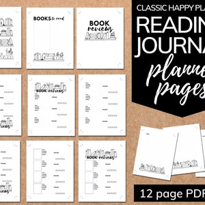 Planificador de diario de libros imprimible: lectura actual, reseñas, notas y más. PDF de 12 páginas: se adapta al tamaño clásico de Happy Planner