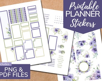 Spring Floral Planner Stickers: Purple Flourish, Happy Planner (PDF & PNG)