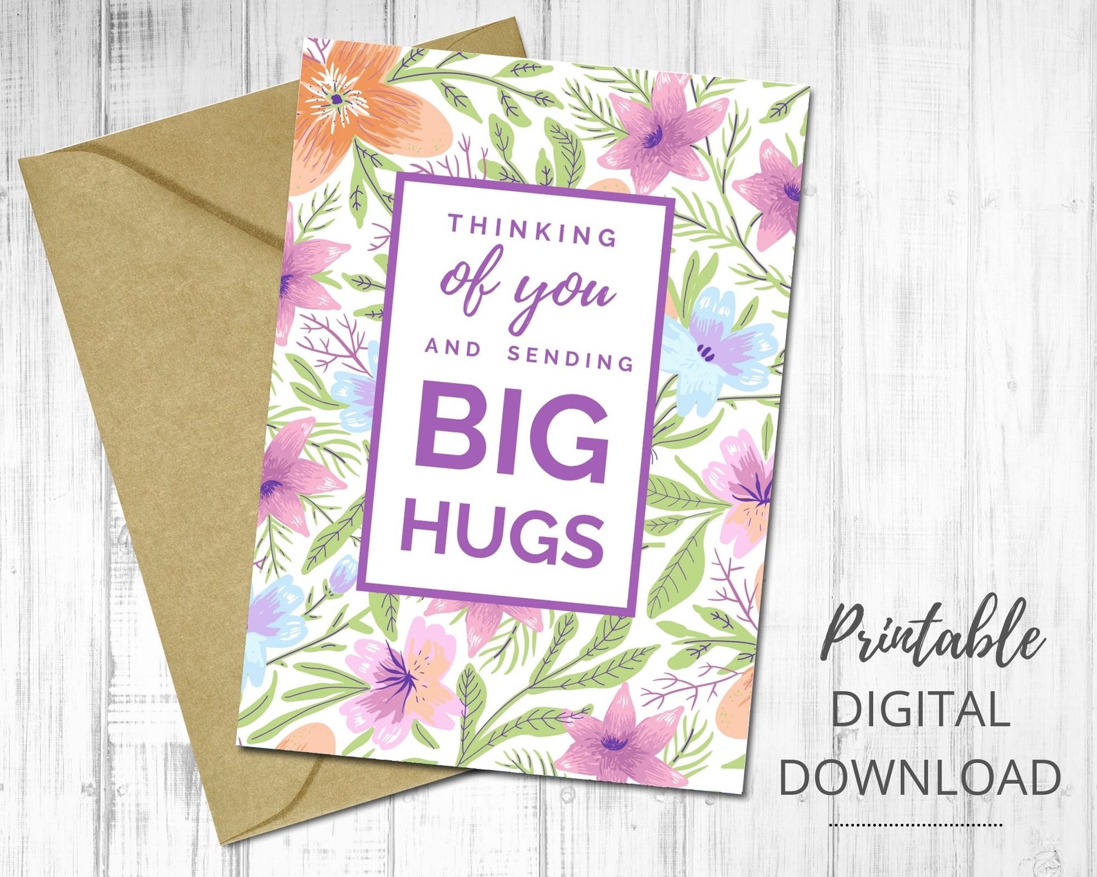 Thinking of You Cards: Floral Hugs, Printable Greeting Card Set (PDF ...