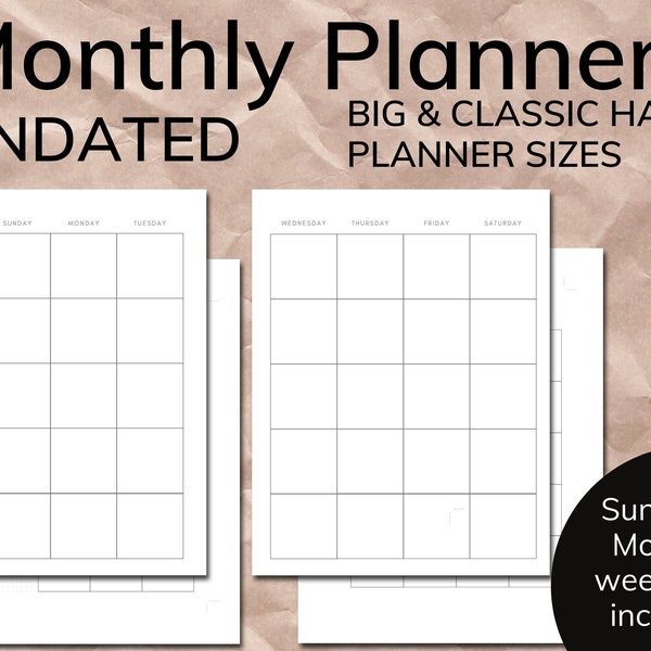 Monthly Undated Planner Inserts,  Letter Size, Big & Classic Happy Planner, Planner Printables PDF Instant Digit Download