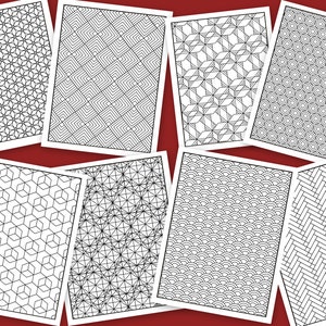 May include: Eight black and white geometric patterns on a red background. The patterns are all different and include squares, circles, and triangles.
